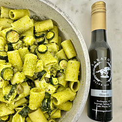 Pesto Pasta with Roasted Baby Zucchini, Capers, and Fresh Mozzarella