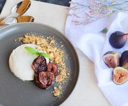 Olive Oil Panna Cotta with Brown Sugar Balsamic Roasted Figs and Basil Streusel