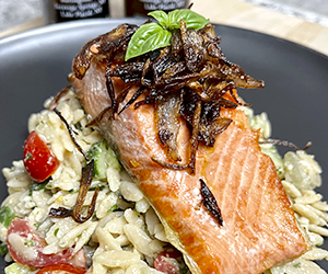 Pan-Seared Sockeye Salmon & Mediterranean Orzo Salad Recipe