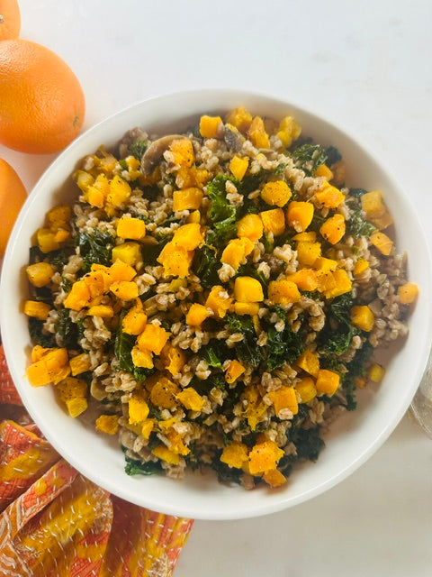 Warm Citrusy Farro and Kale Salad