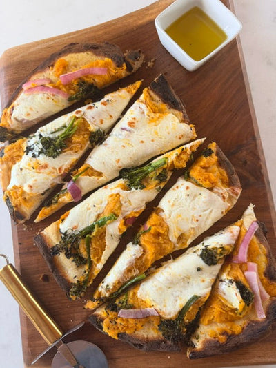 Butternut Squash "Sauce" Pizza with Broccolini, Red Onion & Mozzarella