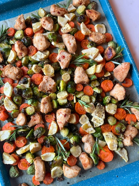 Easy Sheet Pan Hot Honey and Mustard Chicken Dinner