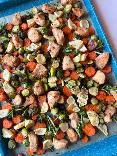 Easy Sheet Pan Hot Honey and Mustard Chicken Dinner