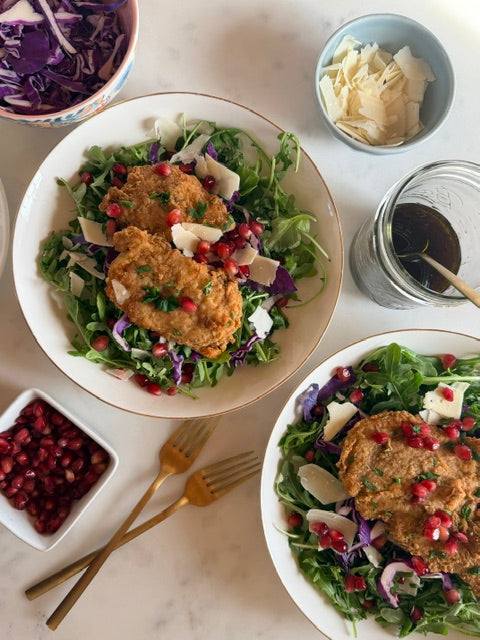 Simple Chicken Cutlet Salad with Pomegranate Dressing