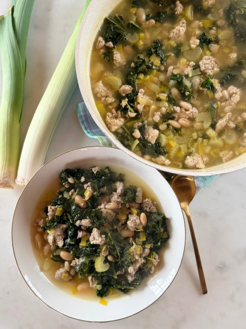One Pot Turkey, Kale, Cannellini Bean, and Leek Soup