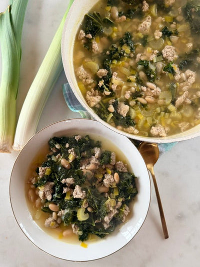 One Pot Turkey, Kale, Cannellini Bean, and Leek Soup