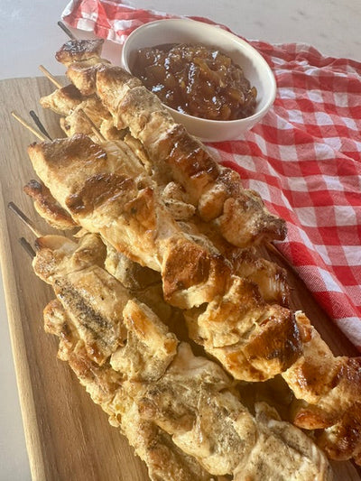 Grilled Chicken Skewers with Peach Chutney