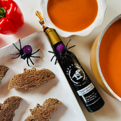 Roasted Red Pepper Soup with Pumpernickel Bat Grilled Cheese