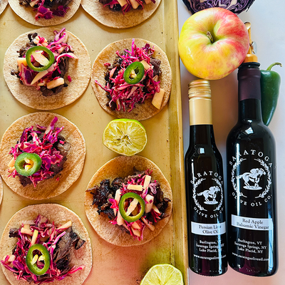 Steak Tacos with Red Cabbage and Apple Slaw