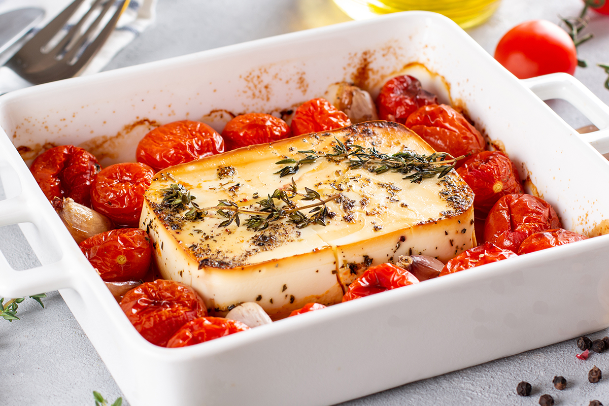 Baked Feta with Tomatoes and Green Garlic