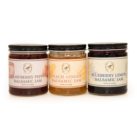 3 jars of saratoga olive oils company jams side by side