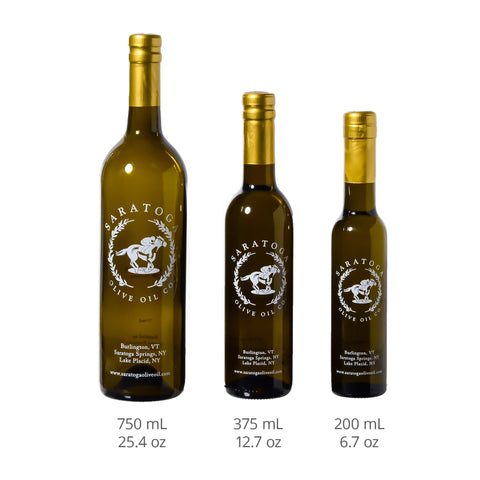 3 sizes of Saratoga Olive Oil Company Bottles: 750mL, 375mL, and 200mL