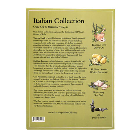 Italian Collection of olive oil, balsamic vinegar, flavored sea salt, and pour spouts - box description and contents