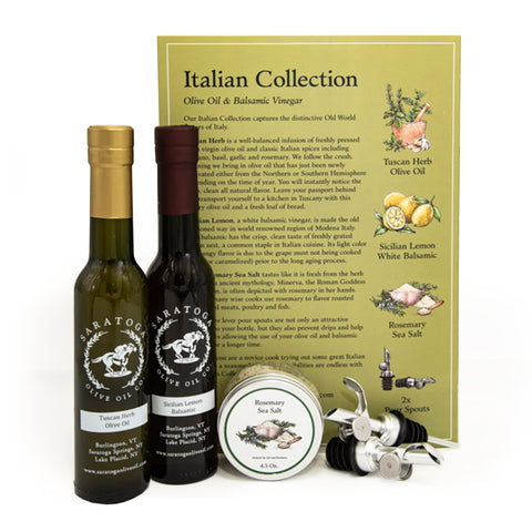 Italian Collection of olive oil, balsamic vinegar, flavored sea salt, and pour spouts product outside of box and back of box