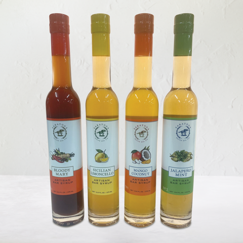 Four Saratoga Olive Oil Bar Syrups: Jalapeno Mint, Mango Coconut, Sicilian Limoncello, and Bloody Mary