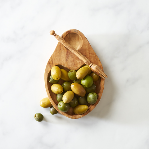 Olive Wood Dish with Stabber filled with olives