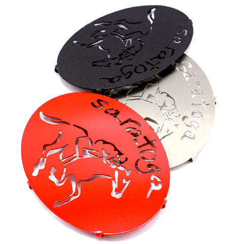 Black, Red, and Stainless Steel Saratoga Trivets with race horse