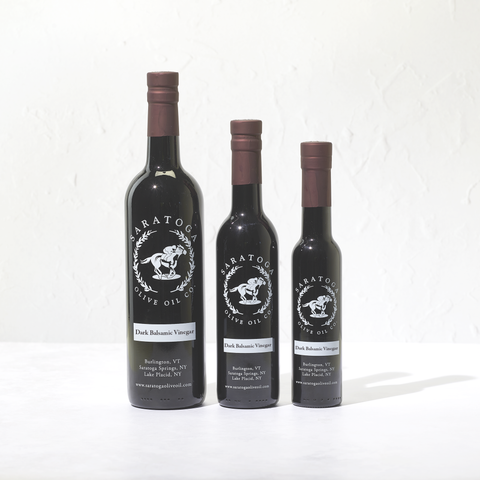 3 sizes of Saratoga Olive Oil Company Dark Balsamic Vinegar Bottles: 750ml, 375ml, and 200ml