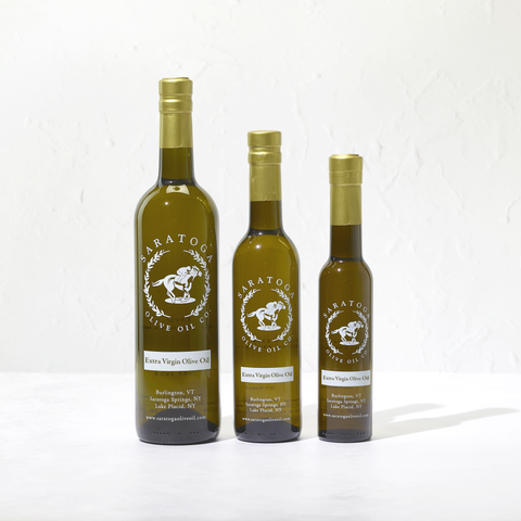 3 sizes of Saratoga Olive Oil Company Olive Oil Bottles: 750mL, 375mL, and 200mL