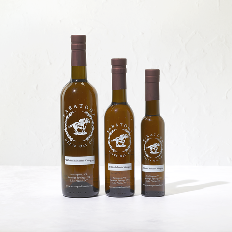 3 sizes of Saratoga Olive Oil Company White Balsamic Vinegar Bottles: 750ml, 375ml, and 200ml