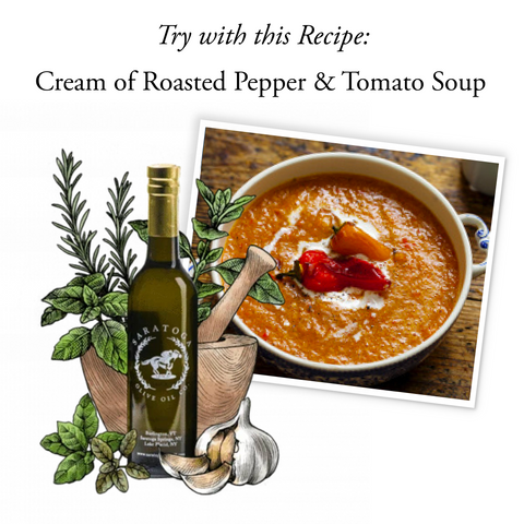 cream of roasted pepper and tomato soup recipe with tuscan herb olive oil